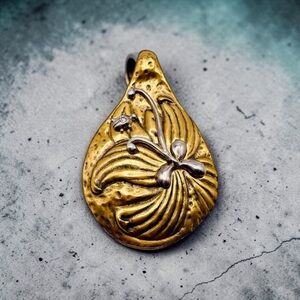 Fabulous Artisan Brass and Silver Floral Teardrop Pendant Rare Estate Statement
